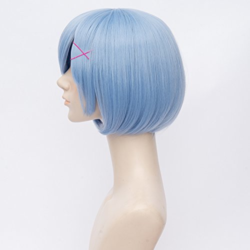 Qp hairShort Blue Wig for Rem Cosplay Girl Women Anime Cute Bob Wigs with Bangs for Halloween + Free Cap