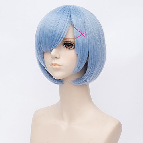 Qp hairShort Blue Wig for Rem Cosplay Girl Women Anime Cute Bob Wigs with Bangs for Halloween + Free Cap