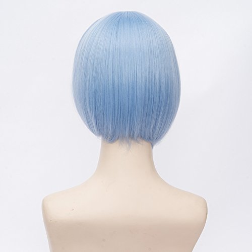 Qp hairShort Blue Wig for Rem Cosplay Girl Women Anime Cute Bob Wigs with Bangs for Halloween + Free Cap