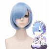 Qp hairShort Blue Wig for Rem Cosplay Girl Women Anime Cute Bob Wigs with Bangs for Halloween + Free Cap