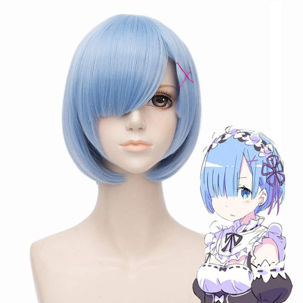 Qp hairShort Blue Wig for Rem Cosplay Girl Women Anime Cute Bob Wigs with Bangs for Halloween + Free Cap