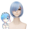 Qp hairShort Blue Wig for Rem Cosplay Girl Women Anime Cute Bob Wigs with Bangs for Halloween + Free Cap