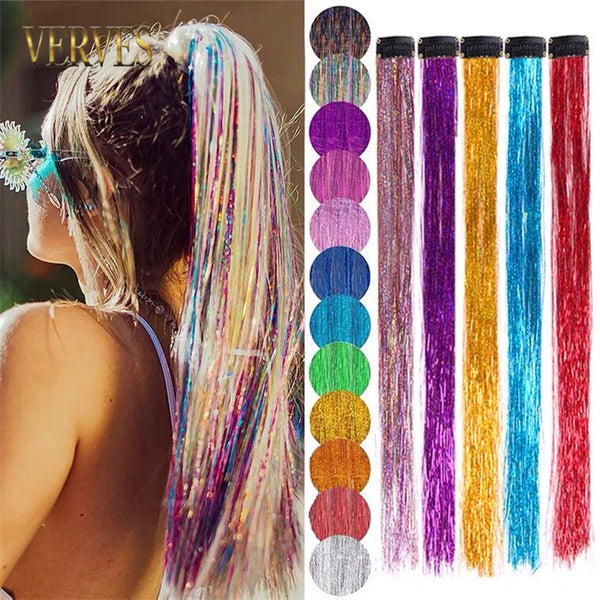 Qp hairClip-In One Piece Synthetic Hair Extension Sparkle Shiny Fake Hair Women Hippie for Braiding Headdress Tinsel Rainbow Dazzles