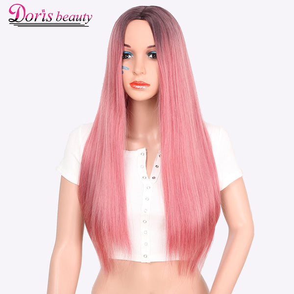 Doris beauty Long Straight Ombre Pink Wigs for Women with Middle Part Synthetic Cosplay Pink Brown Gray Green