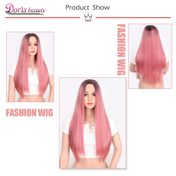 Doris beauty Long Straight Ombre Pink Wigs for Women with Middle Part Synthetic Cosplay Pink Brown Gray Green