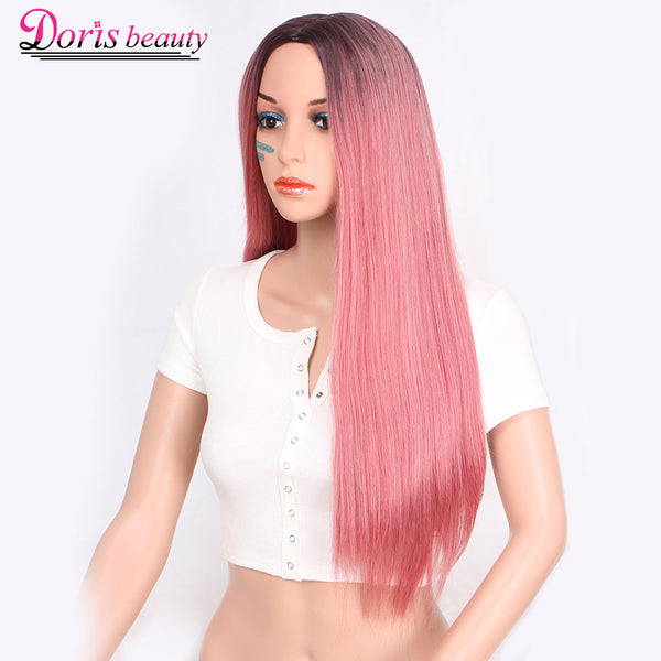 Doris beauty Long Straight Ombre Pink Wigs for Women with Middle Part Synthetic Cosplay Pink Brown Gray Green