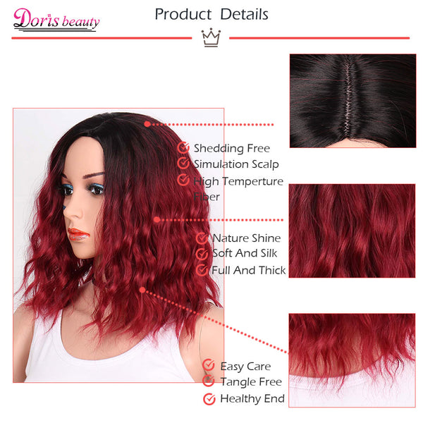 Doris beauty Ombre Red Color Synthetic Short Wigs For Women Water Wave Fluffy Hair Black Orange Green Cosplay