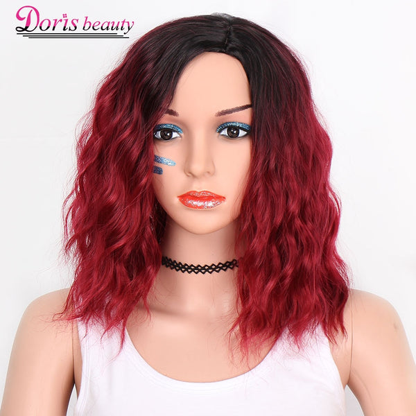 Doris beauty Ombre Red Color Synthetic Short Wigs For Women Water Wave Fluffy Hair Black Orange Green Cosplay