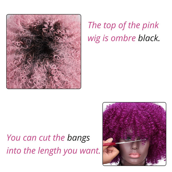 Doris beauty Purple Afro Curly Wigs for African American Women 12'' Synthetic Short Wig Natural Hair Bangs Ombre Pink Magenta