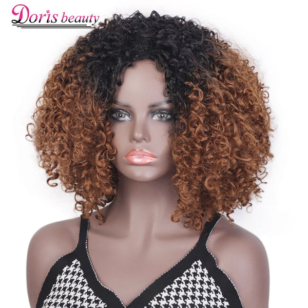 Doris beauty Short Synthetic Afro Curly Wig Ombre Brown Black Wigs for Women Cosplay Natural Gray Black Wig Heat Resistant Fiber