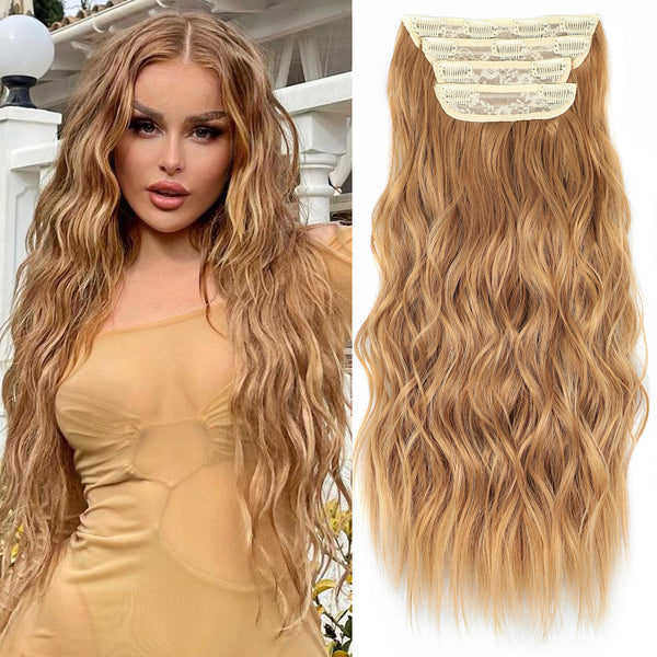 Qp hairMONIXI Long Blonde Wavy 4PCS Thick Hairpieces Clip in Synthetic Hair Extensions  Natural Hair Extensions 20 Inch for Women