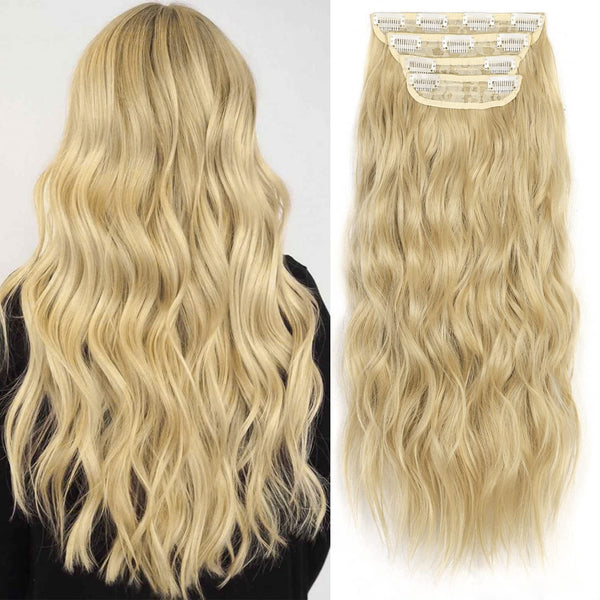 Qp hairMONIXI Long Blonde Wavy 4PCS Thick Hairpieces Clip in Synthetic Hair Extensions  Natural Hair Extensions 20 Inch for Women