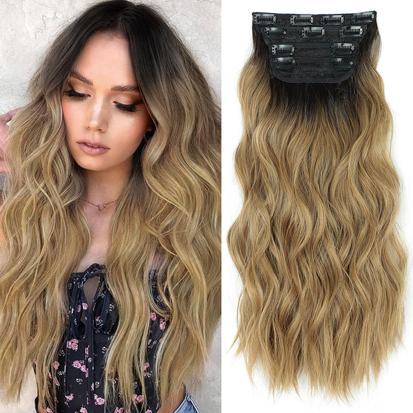 Qp hairMONIXI Long Blonde Wavy 4PCS Thick Hairpieces Clip in Synthetic Hair Extensions  Natural Hair Extensions 20 Inch for Women