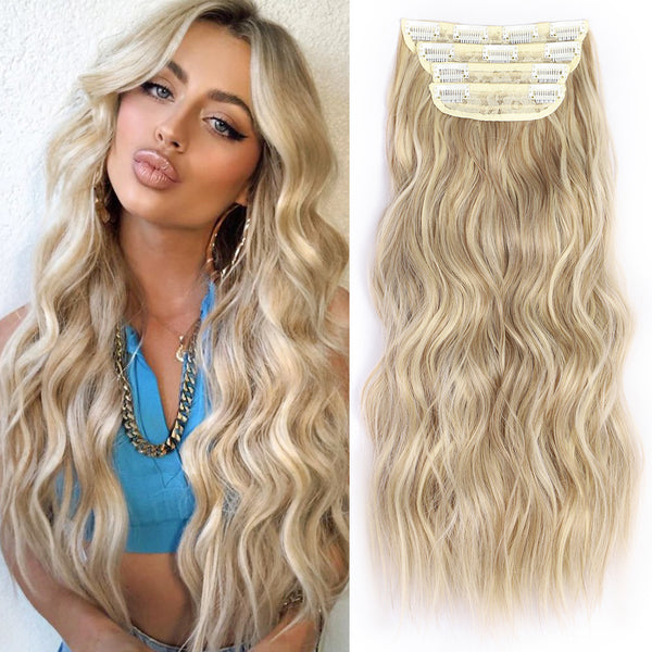 Qp hairMONIXI Long Blonde Wavy 4PCS Thick Hairpieces Clip in Synthetic Hair Extensions  Natural Hair Extensions 20 Inch for Women