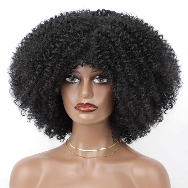Qp hairMONIXI Synthetic Black Short Kinky Curly Wig with Bangs wigs for Women Dairy Short Hair Look Nature High Temperature