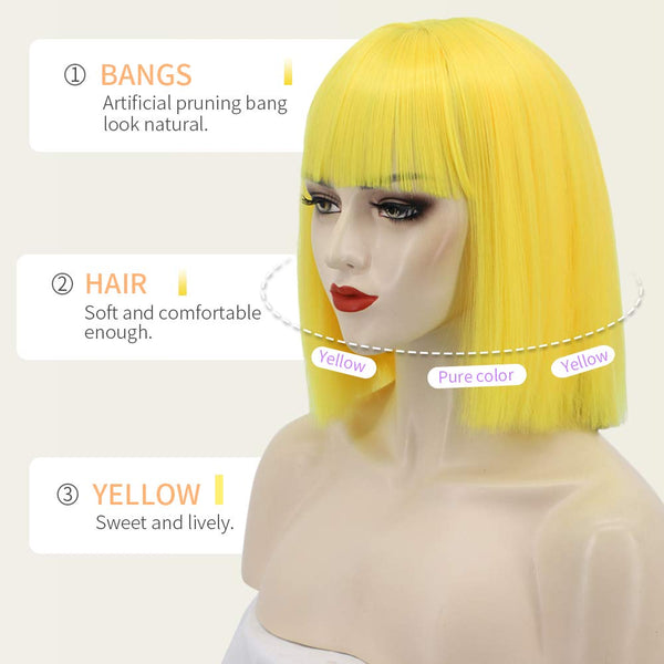 Qp hairMONIXI Synthetic Bob Wig with Bangs Short Straight Wigs for Women Yellow  Pink Blue Purple Cosplay Wig Natural Fake Hair