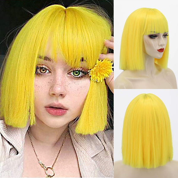 Qp hairMONIXI Synthetic Bob Wig with Bangs Short Straight Wigs for Women Yellow  Pink Blue Purple Cosplay Wig Natural Fake Hair