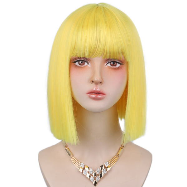 Qp hairMONIXI Synthetic Bob Wig with Bangs Short Straight Wigs for Women Yellow  Pink Blue Purple Cosplay Wig Natural Fake Hair