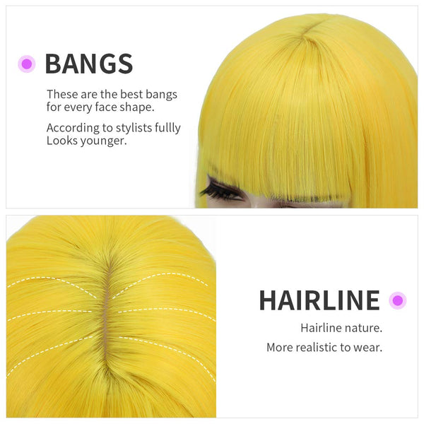 Qp hairMONIXI Synthetic Bob Wig with Bangs Short Straight Wigs for Women Yellow  Pink Blue Purple Cosplay Wig Natural Fake Hair