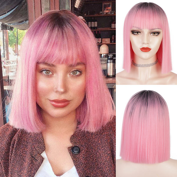 Qp hairMONIXI Synthetic Bob Wig with Bangs Short Straight Wigs for Women Yellow  Pink Blue Purple Cosplay Wig Natural Fake Hair