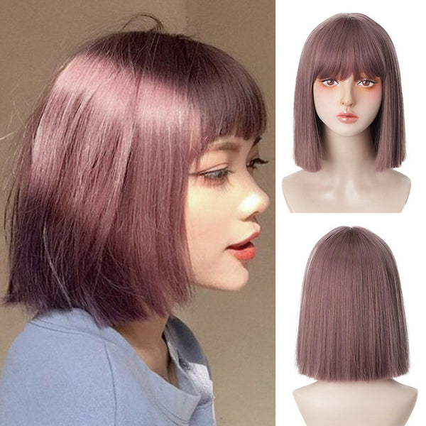 Qp hairMONIXI Synthetic Bob Wig with Bangs Short Straight Wigs for Women Yellow  Pink Blue Purple Cosplay Wig Natural Fake Hair