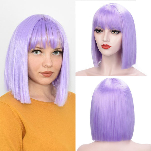 Qp hairMONIXI Synthetic Bob Wig with Bangs Short Straight Wigs for Women Yellow  Pink Blue Purple Cosplay Wig Natural Fake Hair