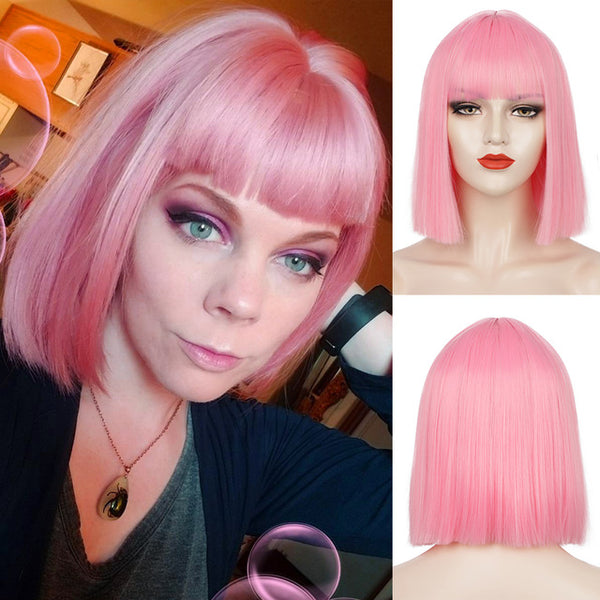 Qp hairMONIXI Synthetic Bob Wig with Bangs Short Straight Wigs for Women Yellow  Pink Blue Purple Cosplay Wig Natural Fake Hair