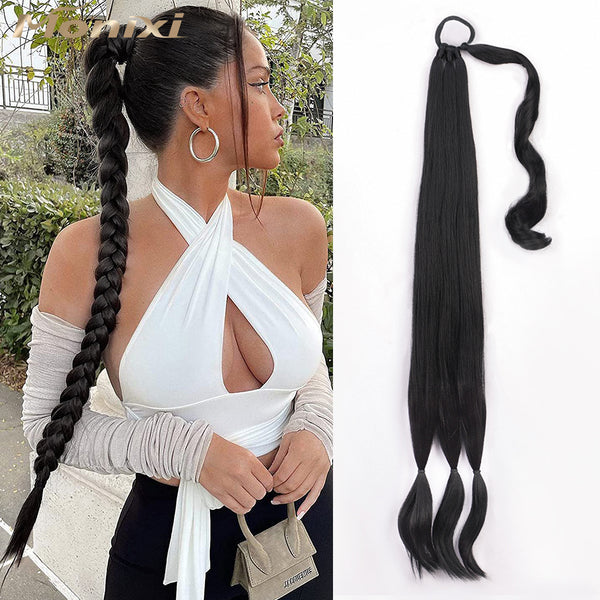 Qp hairMONIXI Synthetic Braided Ponytail Extensions Long Black Hairpiece Pony Tail  with Hair Tie for Women High Temperature Fiber