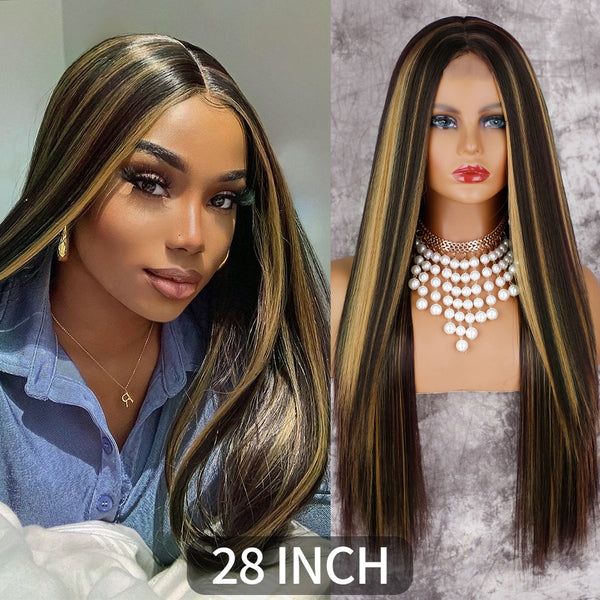 Qp hairMONIXI Synthetic Cosplay Wig Long Straight Wig Red Mixed Blonde Natural Wigs For Women Middle Part Black Brown Color Wigs