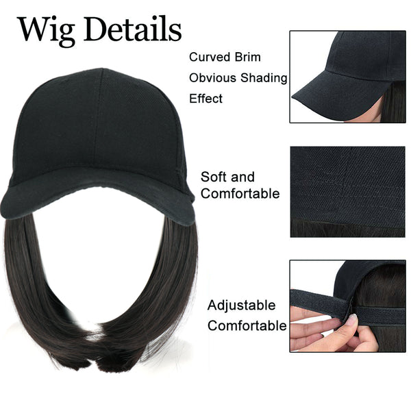 Qp hairMONIXI Synthetic Hat with Wigs Short Straight Bob Wig Sun Hat with Hair Baseball Cap for Women Daily Use Heat Resistant Wig