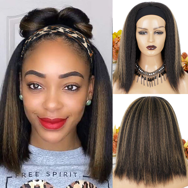 Qp hairMONIXI Synthetic Kinky Straight Headband Wigs for Black Women 14 Inch Synthetic Headband Wig Yaki Straight Hair Easy to Wear