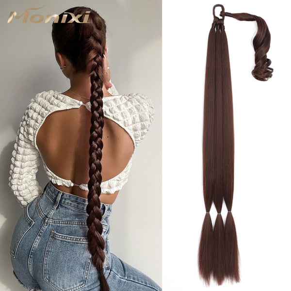 Qp hairMONIXI Synthetic Long Braided Ponytail Hairpiece 34 inches Kinky Straight Ponytail for Women Dark brown Ponytail Hair Extension