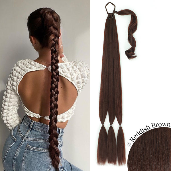 Qp hairMONIXI Synthetic Long Braided Ponytail Hairpiece 34 inches Kinky Straight Ponytail for Women Dark brown Ponytail Hair Extension