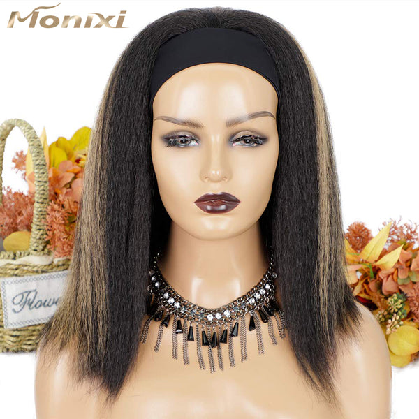 Qp hairMONIXI Synthetic Long Kinky Straight Wig Black Mix Blonde Headband Wigs for Women Daily Use Or Cosplay Heat Ressitant Fiber Wig