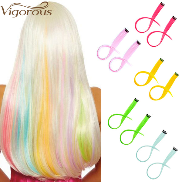 Qp hairMONIXI Synthetic Long Straight Clip In One Piece Hair Extensions 20 inch for Women Girls Rainbow High Temperature Faber Pieces