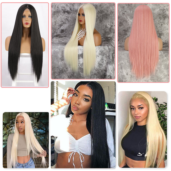 Qp hairMONIXI Synthetic Long Straight  White Wig 60 613 Wigs for Women Middle Part Cosplay Pink Blonde Wig Fake Hair