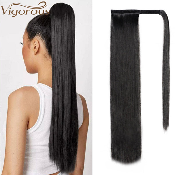 Qp hairMONIXI Synthetic Long Straight Wrap Around Clip In Ponytail Hair Extension Heat Resistant Synthetic Pony Tail Fake Hair