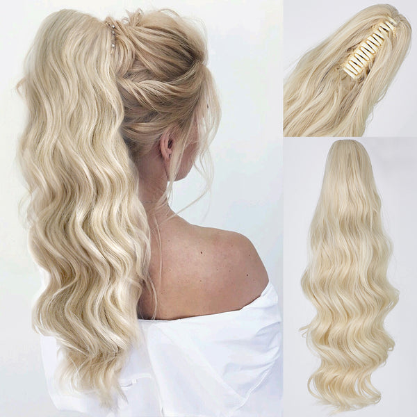 Qp hairMONIXI Synthetic Long Wavy Ponytail Hair Synthetic Drawstring Ponytail Clip in Hairpiece Black Wave Ponytail for Black Women