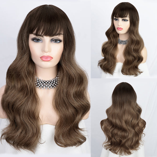 Qp hairMONIXI Synthetic Long Wavy Wig Black Wig With Bangs for Women Daily Use And Cosplay Ombre Blonde Heat Resistant Fiber Wigs