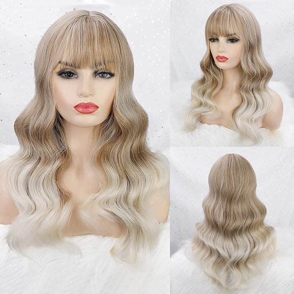 Qp hairMONIXI Synthetic Long Wavy Wig Black Wig With Bangs for Women Daily Use And Cosplay Ombre Blonde Heat Resistant Fiber Wigs