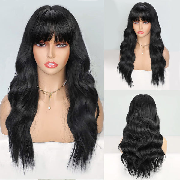 Qp hairMONIXI Synthetic Long Wavy Wig Black Wig With Bangs for Women Daily Use And Cosplay Ombre Blonde Heat Resistant Fiber Wigs