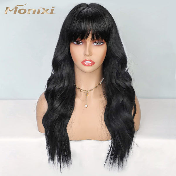 Qp hairMONIXI Synthetic Long Wavy Wig Black Wig With Bangs for Women Daily Use And Cosplay Ombre Blonde Heat Resistant Fiber Wigs