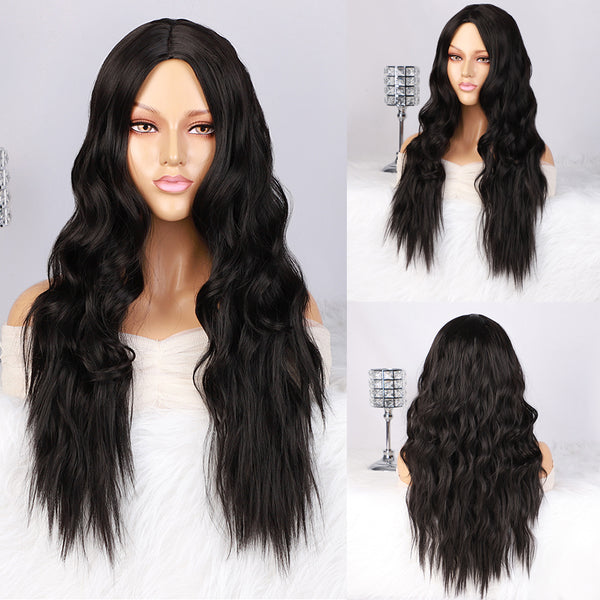 Qp hairMONIXI Synthetic Long Wavy Wig Black Wig With Bangs for Women Daily Use And Cosplay Ombre Blonde Heat Resistant Fiber Wigs