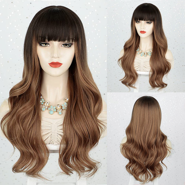 Qp hairMONIXI Synthetic Long Wavy Wig Black Wig With Bangs for Women Daily Use And Cosplay Ombre Blonde Heat Resistant Fiber Wigs