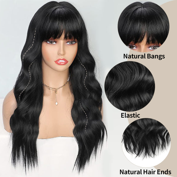 Qp hairMONIXI Synthetic Long Wavy Wig Black Wig With Bangs for Women Daily Use And Cosplay Ombre Blonde Heat Resistant Fiber Wigs