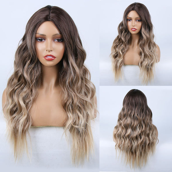 Qp hairMONIXI Synthetic Long Wavy Wig Black Wig With Bangs for Women Daily Use And Cosplay Ombre Blonde Heat Resistant Fiber Wigs