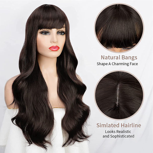 Qp hairMONIXI Synthetic Long Wavy Wig Dark Brown Wigs for Women Wig with Bangs Daily Used Platinum High Temperature Wire Hair