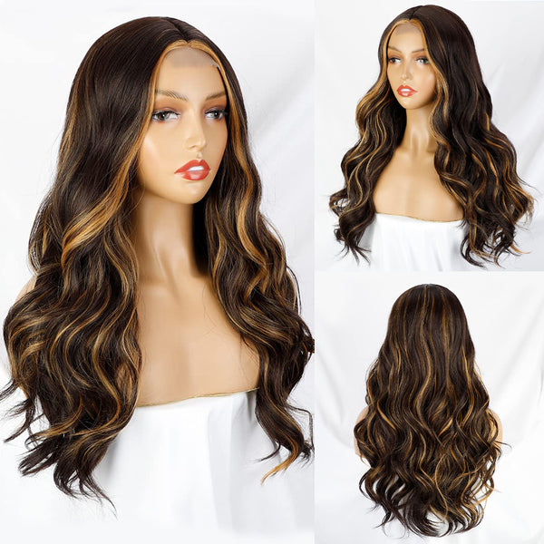 Qp hairMONIXI Synthetic Long Wavy Wig Ombre Blonde for Women Daily Used And Cosplay Middle Part Black Heat Resistance Fiber wig