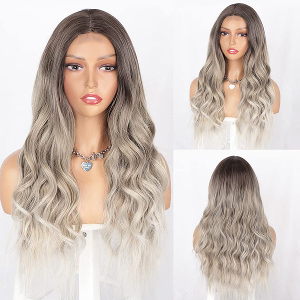 Qp hairMONIXI Synthetic Long Wavy Wig Ombre Blonde for Women Daily Used And Cosplay Middle Part Black Heat Resistance Fiber wig