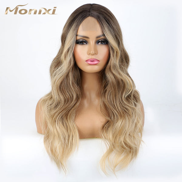 Qp hairMONIXI Synthetic Long Wavy Wig Ombre Blonde for Women Daily Used And Cosplay Middle Part Black Heat Resistance Fiber wig